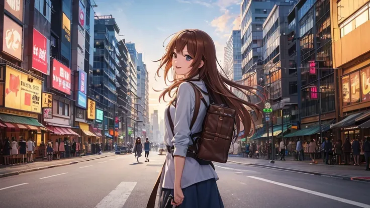 An anime girl walking confidently through a bustling city street at sunrise, holding a guitar case in one hand. She is wearing a casual yet stylish outfit, with a joyful and determined expression on her face. Her hair flows gently in the morning breeze as ...