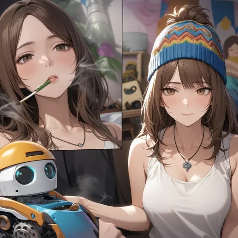 Adult female, robot, messy neck-length brown hair, indifferent, apathetic, hippie, beanie, baggy hipster clothing, sunken eyes, brown irises, hippie bedroom, one feather earing, smoking marijuana, highly detailed, best detail, high quality, perfect anatomy...