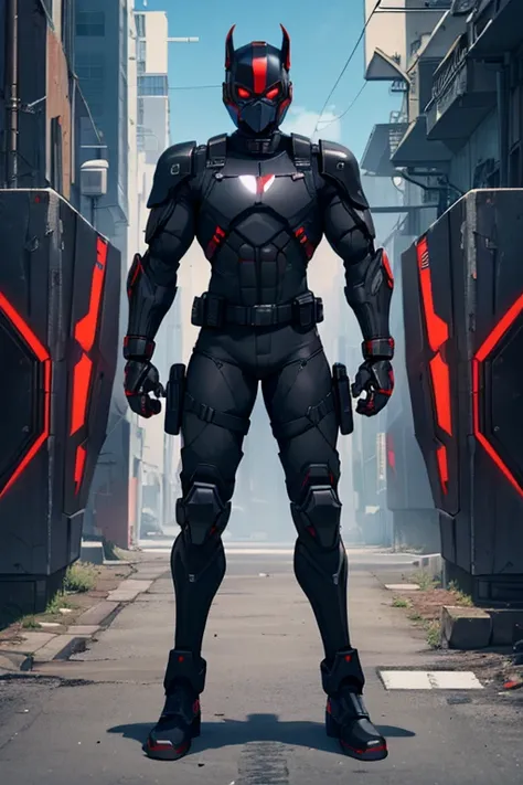 male, red eyes, robot, (((1boyl))), (((black full body tactical bodysuit))), (black gauntlets), (black boots), (black shoulder guards), (black hip guards), (black tactical helmet), (black face mask), (black tactical belt), long legs, muscular