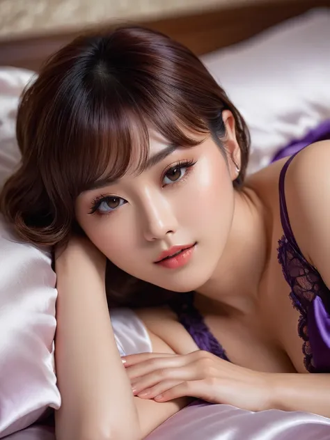 masterpiece, One woman per photo, Full Body Shot, Composition looking down at the subject from above, Young and beautiful woman in Japan, Super cute face, 18-year-old, short hair, Sleep on a silk bed, Open your mouth wide, With white lace、She is wearing on...