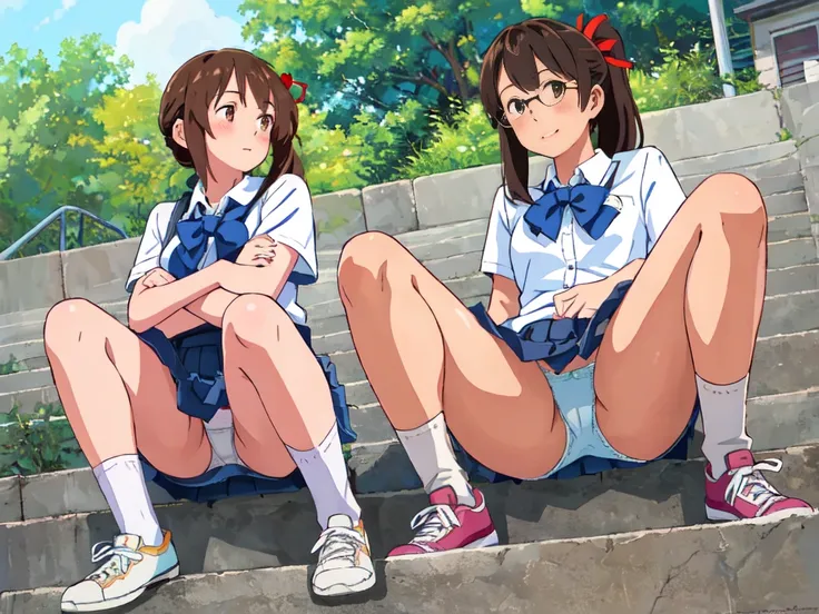 Highest quality, Ultra-high resolution, (Realistic: )2D official style cel animation,((２Girls sitting in a row))Primary school students、brown、ponytail、White Big Ribbon、Glasses、Blue Check Mini Skirt,Summer Shirts,Unbutton、(Lace panties),loose socks,sneakers...