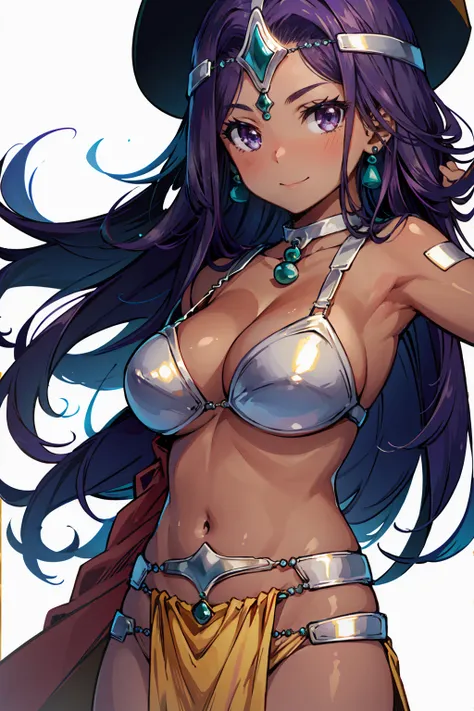 1girl, solo, dqManya, white background, cowboy shot, purple hair, bikini, loincloth, large breasts, cleavage, soft stomach, circlet, earrings, choker, bracelet, armlet, closed mouth, smile, blush