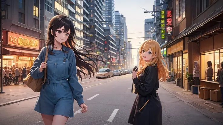 An anime girl walking confidently through a bustling city street at sunrise, holding a guitar case in one hand. She is wearing a casual yet stylish outfit, with a joyful and determined expression on her face. Her hair flows gently in the morning breeze as ...