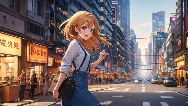 An anime girl walking confidently through a bustling city street at sunrise, holding a guitar case in one hand. She is wearing a casual yet stylish outfit, with a joyful and determined expression on her face. Her hair flows gently in the morning breeze as ...