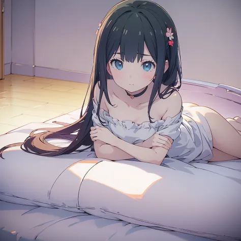 ((masterpiece)), ((Best Quality)), (Ultra-detailed), Anime 18+ style, Cute , 1girl in, Solo, 8k, lying on the bed , young girl , flat chest, bare shoulders , shy girl 