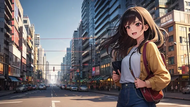 An anime girl walking confidently through a bustling city street at sunrise, holding a guitar case in one hand. She is wearing a casual yet stylish outfit, with a joyful and determined expression on her face. Her hair flows gently in the morning breeze as ...