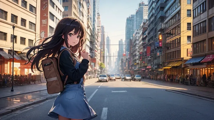 An anime girl walking confidently through a bustling city street at sunrise, holding a guitar case in one hand. She is wearing a casual yet stylish outfit, with a joyful and determined expression on her face. Her hair flows gently in the morning breeze as ...