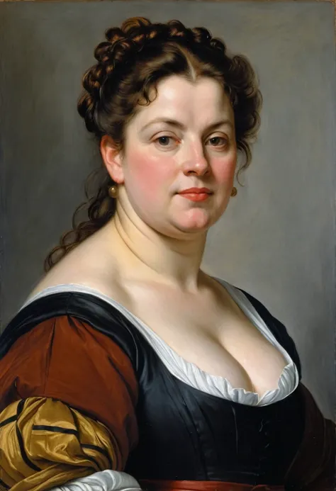 portrait painting of a thick Beautiful middle aged woman, busty maid, extremely gorgeous , by Peter Paul Rubens, in Peter Paul Rubens style, by Caravaggio, intricate, flawless, masterpiece, Best quality, 