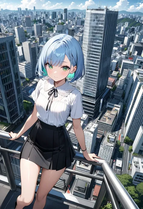 Light blue hair、Short Bob、Deep green eyes、Small breasts、White short sleeve blouse、Black tight skirt、Black pumps、Tokyo、Buildings、I&#39;m completely wet from the heavy rain、My hair is wet from the rain、My blouse got wet from the rain、Purple bra showing throu...