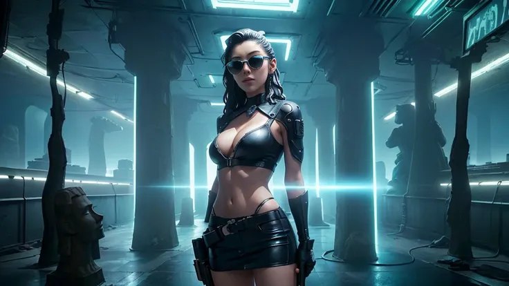 At night, dark sky, aerial view of fantasy cyberpunk style ((Moai-statue)) city, ((flying vehicle)). ((1girl, solo, alone)), photo realistic, medium-breast:1.1 slim body, cleavage, sexy clothes, (black sunglasses), (((hip-up standing and pistol aiming pose...