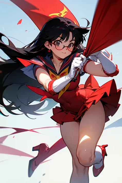 A chubby girl with black hair, freckles and glasses dressed as Sailor Mars wearing red high heels and white gloves with a shy expression at the Comiket venue