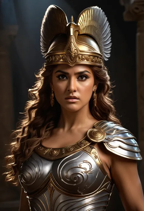 looks like nayanthara, (a beautiful greek goddess athena,goddess of wisdom and war), intricate detailed face, intense eyes, flowing hair, elegant greek armor, detailed muscular physique, (photorealistic,ultra-detailed,8k,best quality,masterpiece:1.2),drama...