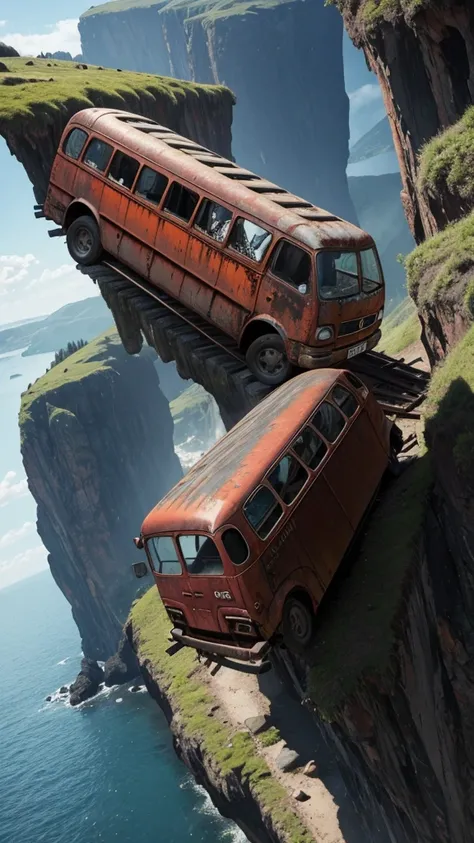 make a very real picture of a rusted long bus being stuck on a very high cliff, scary scenery, hyper-realistic, 16k