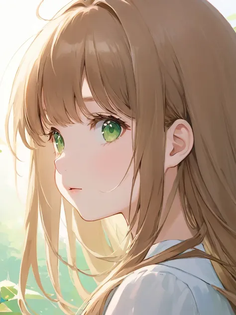 ultra-detailed,(best quality),((masterpiece)),(highres),original,extremely,(zao you),1girl, long light brown hair with bangs, cute, innocent, green eyes, profile picture, simple, more away from camera, dress, pink, 