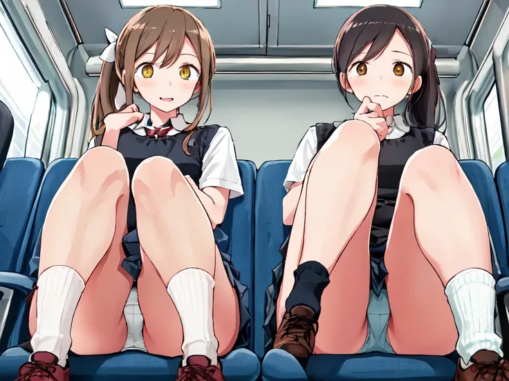 Highest quality, Ultra-high resolution, (Realistic: )2D official style cel animation,((２Girls sitting in a row))Primary school students、brown、ponytail、White Big Ribbon、Blue Check Mini Skirt,Summer Shirts,Unbutton、(Lace panties),loose socks,sneakers,Full bo...