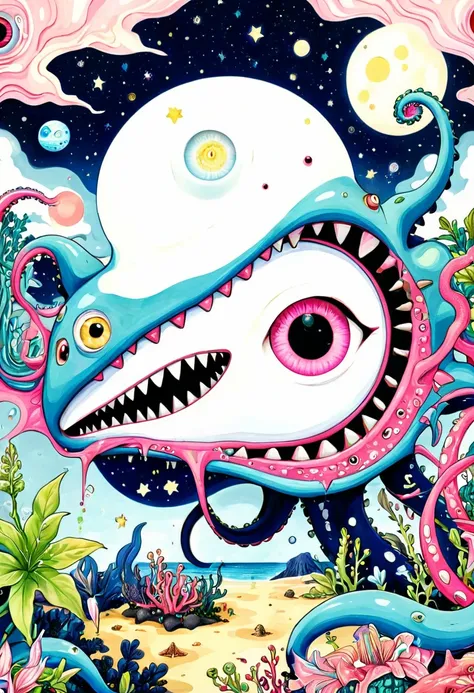 intense visuals，Multi-element fusion，bud，microorganism、plant、Marine life、Tentacles、Fangs、(((One-eyed monster)))、Starry Sky，Stitching together an abstract painting，Describing the inner world of autistic people，(((Sense of space，White Space,clean，Anti-aliasi...