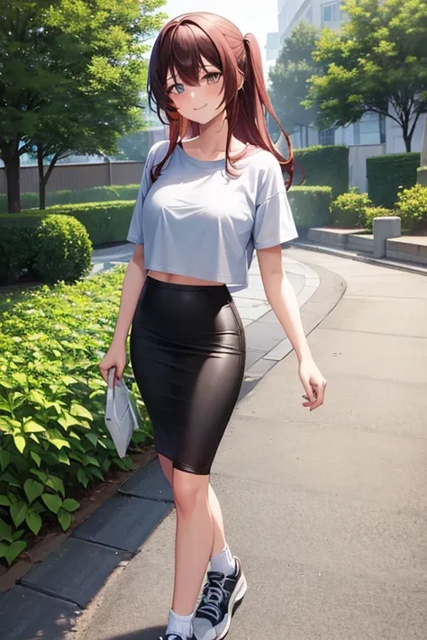 1girl, woman walking, wearing gray t-shirt, crop top, black midi pencil skirt, sneakers, socks, outdoors, garden, summer, sweat, long brown hair, looking at viewer, full body, smile, blush