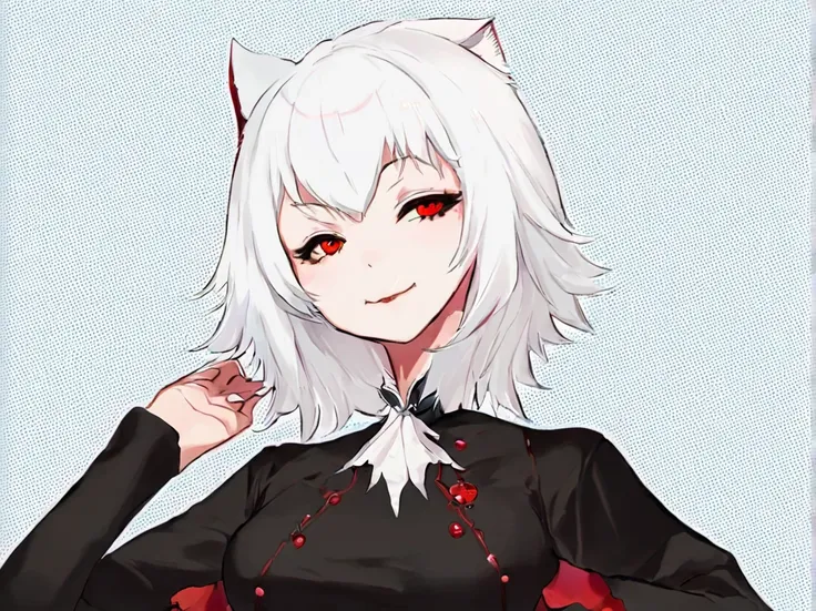 a short hair vampir girl with white hair and red. a vampir neko. nekogirl.