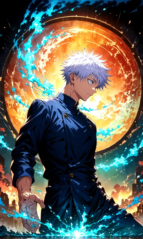 1 man,gojo satoru,jujutsu kaisen,gojo satoru uniform,intricate details,use blue and white as main colors,calm demeanor,cool effi...