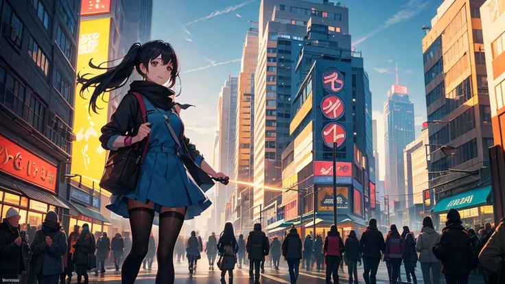 An anime girl walking confidently through a bustling city street at sunrise, holding a guitar case in one hand. She is wearing a casual yet stylish outfit, with a joyful and determined expression on her face. Her hair flows gently in the morning breeze as ...