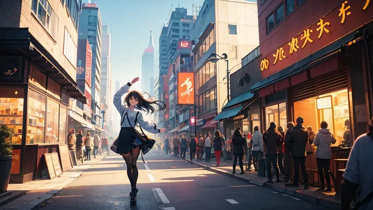 An anime girl walking confidently through a bustling city street at sunrise, holding a guitar case in one hand. She is wearing a casual yet stylish outfit, with a joyful and determined expression on her face. Her hair flows gently in the morning breeze as ...