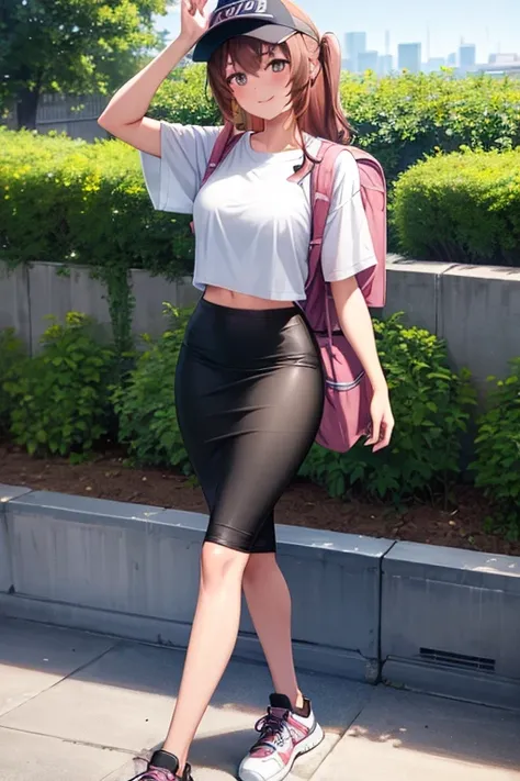 1girl, woman walking, wearing gray t-shirt, crop top, black midi pencil skirt, sneakers, socks, outdoors, garden, summer, sweat, long brown hair, looking at viewer, full body, smile, blush, wearing visor and backpack