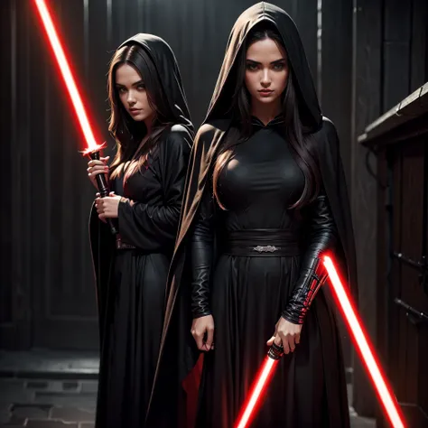 2 beautiful detailed woman with long dark hair wearing a black hooded robe, dramatic lighting,glowing red lightsaber,(2 girls,masterpiece:1.2),ultra-detailed,photorealistic,sci-fi,dramatic cinematic lighting,moody atmosphere,dark fantasy,high contrast,mute...