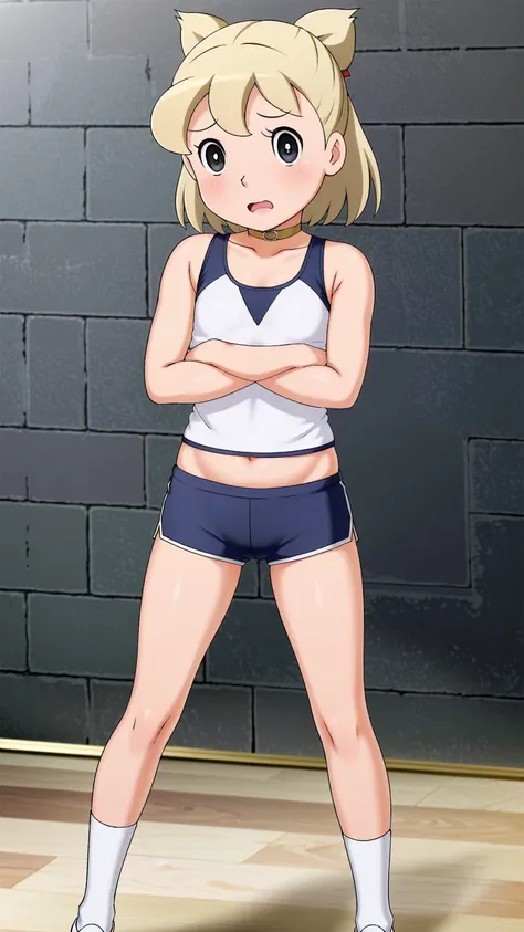 ((ultra detailed, masterpiece, absurdres)) Workout gym background, Body facing viewer,SplitScreen, split screen, DOAHelena, 1girl, long hair, blonde hair, in training wears, navel (choker, blue choker), (Sport shirt, White shirt, Blue outline on shirt, the...