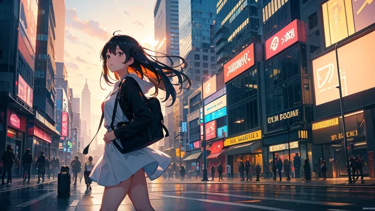 An anime girl walking confidently through a bustling city street at sunrise, holding a guitar case in one hand. She is wearing a casual yet stylish outfit, with a joyful and determined expression on her face. Her hair flows gently in the morning breeze as ...