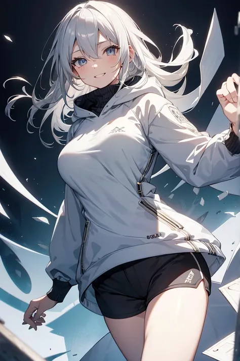  Concept Art, white Background, simple Background, White hair, Silver gradient hair , Composite cloth, Virtual YouTuber, best quality, masterpiece, Dynamic Angle, , cowboy_shooting, Watching_Back, grab, girl,Miss,woman, young,20 years old, , Hair Flip, Sil...