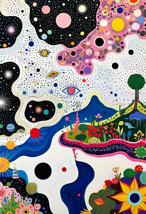 intense visuals，Multi-element fusion，bud，microorganism、plant、Marine life、(((Many eyes)))、Starry Sky，Stitching together an abstract painting，Describing the inner world of autistic people，(((Sense of space，White Space,clean，Anti-aliasing，)))，Pointillism meth...