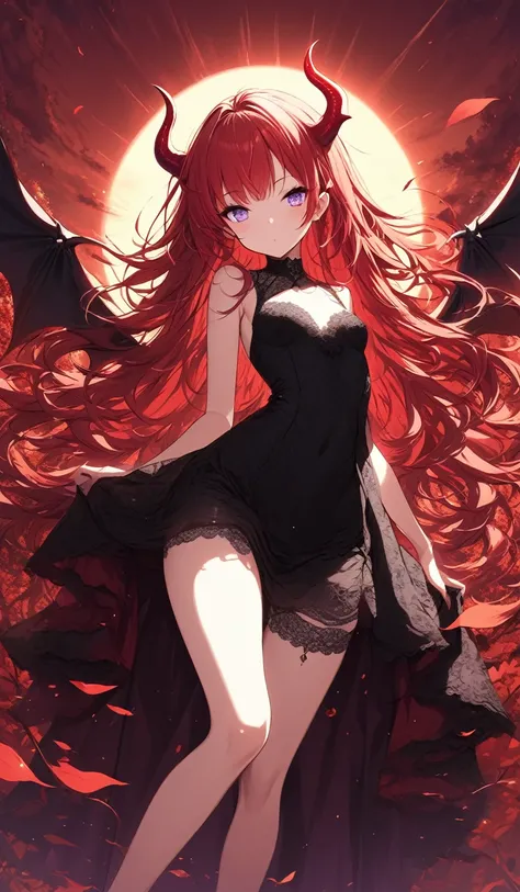 Masterpiece, very detailed, ultra detailed, one, (1 girl), she is in a red detailed and lace dress, and in an elegant position, she is tall, childish style, long red hair and hair  on the sides, red demonic horns, beautiful, charming, purple eyes, elegant,...