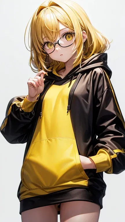 Highest quality、White background、(((One  girl)))、(((he is short)))、yandere face、((BREAK Light yellow straight hair))、(((Are thin)))、Yellow Eyes、Round Glasses、((((Stylish))))、(((Black hoodie)))、