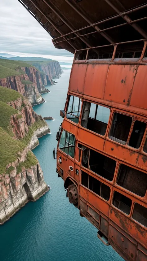 make a very real picture of a rusted long bus being stuck on a very high cliff, scary scenery, hyper-realistic, 16k