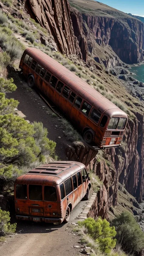 make a very real picture of a rusted long bus being stuck on a very high cliff, scary scenery, hyper-realistic, 16k