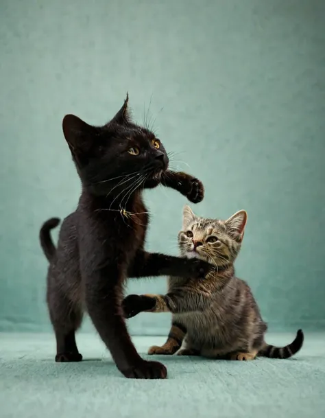 an illustration of two cats playing together like a scene from an action movie