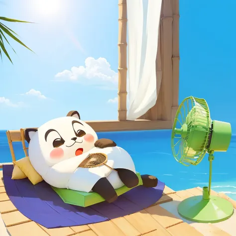 There is a cartoon character lying on a bamboo chair，The fan is blowing，Holding a fan in hand, A scorching hot day, Hot summer day, it&#39;s clear, candy hospital room, afternoon hangout, cooling, Stylized digital illustration, Sunny time, Sunny afternoon,...