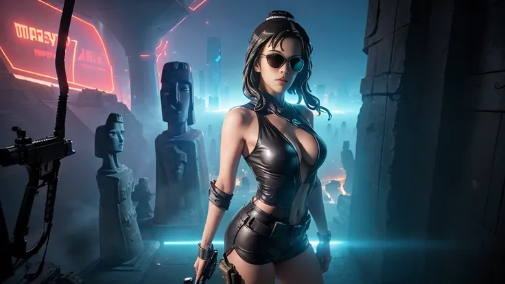 At night, dark sky, aerial view of fantasy cyberpunk style ((Moai-statue)) city, ((flying vehicle)). ((1girl, solo, alone)), photo realistic, medium-breast:1.1 slim body, cleavage, sexy clothes, (black sunglasses), (((hip-up standing and pistol aiming pose...