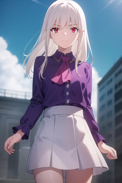 illyasvielvoneinzbern, illyasviel von einzbern, long hair, (red eyes:1.5), white hair, smile,
BREAK skirt, shirt, long sleeves, boots, ascot, white skirt, frilled skirt, purple shirt,
BREAK outdoors, sky, clouds, sun, city,
BREAK looking at viewer, (cowboy...