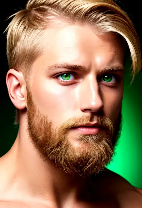 photograph of a face, blond man, green eyes, full beard, straight hair, hair thrown back, hair shaved on the sides, harmonious face, sexy face, sexy look, shirtless  