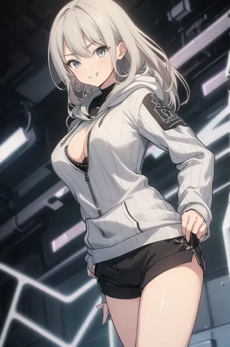  Concept Art, white Background, simple Background, White hair, Silver gradient hair , Composite cloth, Virtual YouTuber, best quality, masterpiece, Dynamic Angle, , cowboy_shooting, Watching_Back, grab, girl,Miss,woman, young,20 years old, , Hair Flip, Sil...