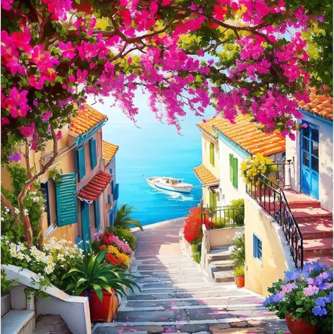 Painting of a street with flowers and a boat in the water, Landscape Art Detail, Summer street near the beach, Landscape Artwork, mediterranean vista, 在mediterranean vista中, mediterranean island scenery, Beautiful city view, Flowers everywhere, The colors ...