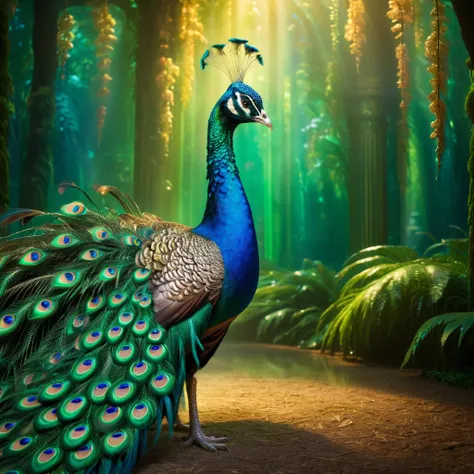 Peacock，（Front upright：1.1），Peacock开屏，Green feathers，fantasy，Colorful tones，masterpiece，Dramatic ethereal beauty，（panoramic视角1.2），Soft lighting，reflected light，panoramic