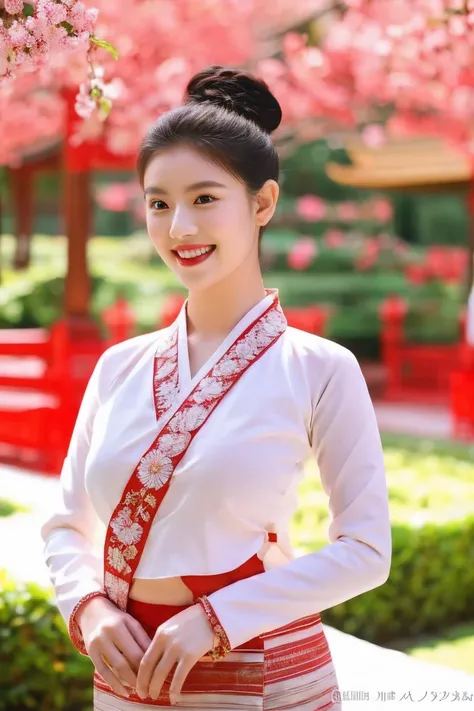 Full body image of a beautiful woman with a slender face Sharp eyes, light red lips, hair in a bun, cherry flowers behind the ears, gentle smile, large breasts, white and red Tai Khun outfit, beautiful and beautiful, the backdrop is a garden in a beautiful...