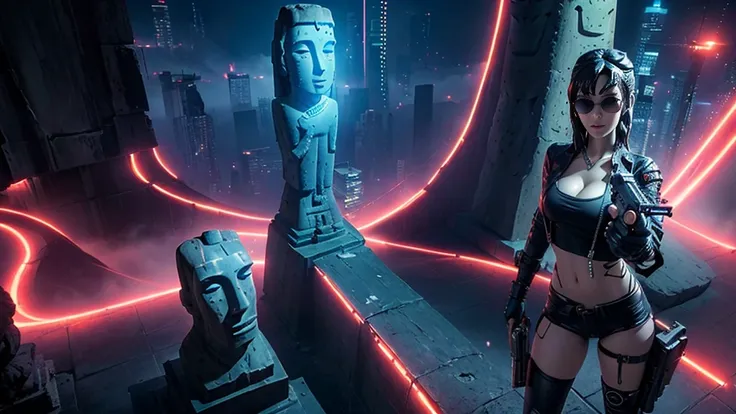 At night, dark sky, aerial view of fantasy cyberpunk style ((Moai-statue)) city, ((flying vehicle)). ((1girl, solo, alone)), photo realistic, medium-breast:1.1 slim body, cleavage, sexy clothes, (black sunglasses), (((hip-up standing and pistol aiming pose...