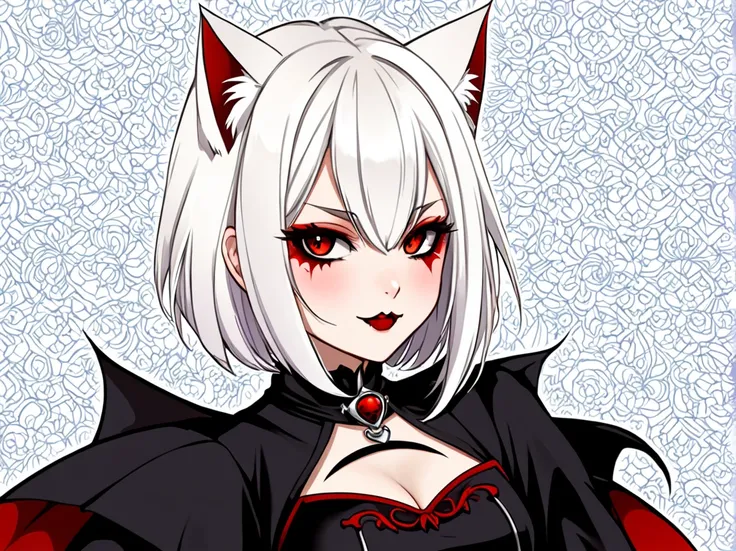 A short hair vampir girl with white hair and red. A vampir neko. Nekogirl.