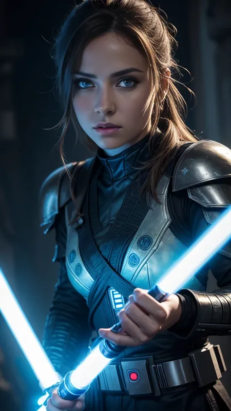 a female jedi in star wars, holding a glowing lightsaber, detailed face, beautiful eyes, long eyelashes, detailed intricate armor, sci-fi, epic, cinematic lighting, dramatic shadows, high contrast, vibrant colors, 8k, hyper detailed, masterpiece