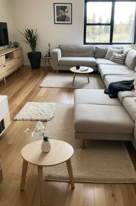 A Nordic style living room，Handsome men and beautiful women watching TV on the sofa，Floor oak color，The light is slightly scattered on one side