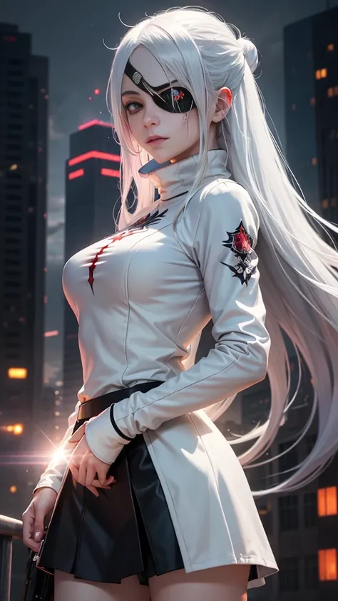 1girl, (solo), anime girl with long white hair and red eyes, girl with white hair, girl in white turtleneck, ((eyepatch)), pointed ears, ((vampire)), smirk, smug, closed mouth, cowboy shot, perfect white haired girl, white haired deity, digital cyberpunk a...