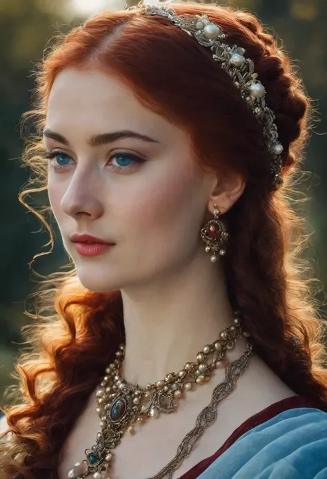 young woman(23 years old). Bright red, Wavy hair, braided(in the manner of Lucrezia Borgia или на манер таргариенов), pearl earrings in the ears, necklace of pearls on the neck. Eyes sky blue. Red eyebrows, very thin and curved. The skin is pale, she has f...